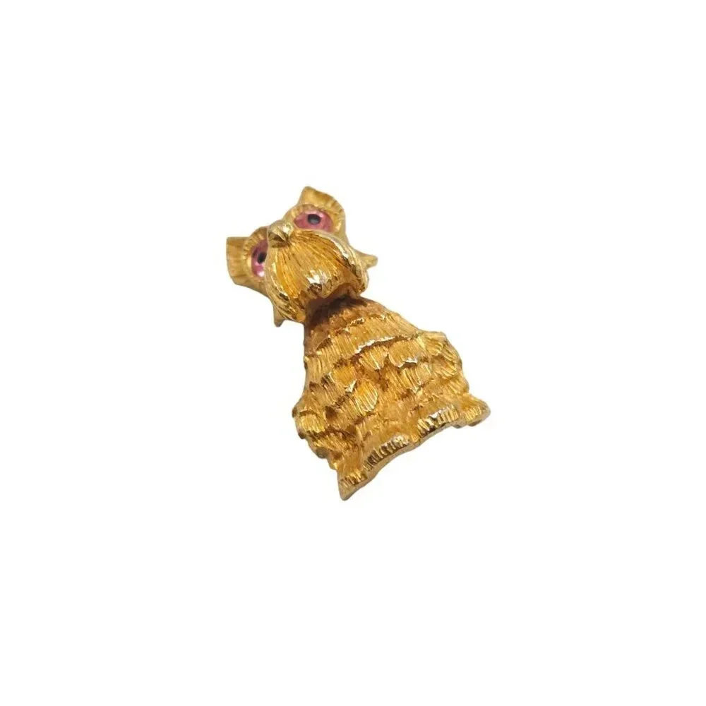 Signed JJ Pink Rhinestone Textured Dog Face Brooch Pin Gold Tone Vintage